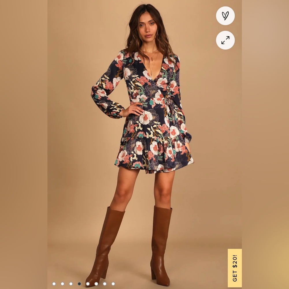 So Splendid Navy Blue Floral Satin Long Sleeve Wrap Dress